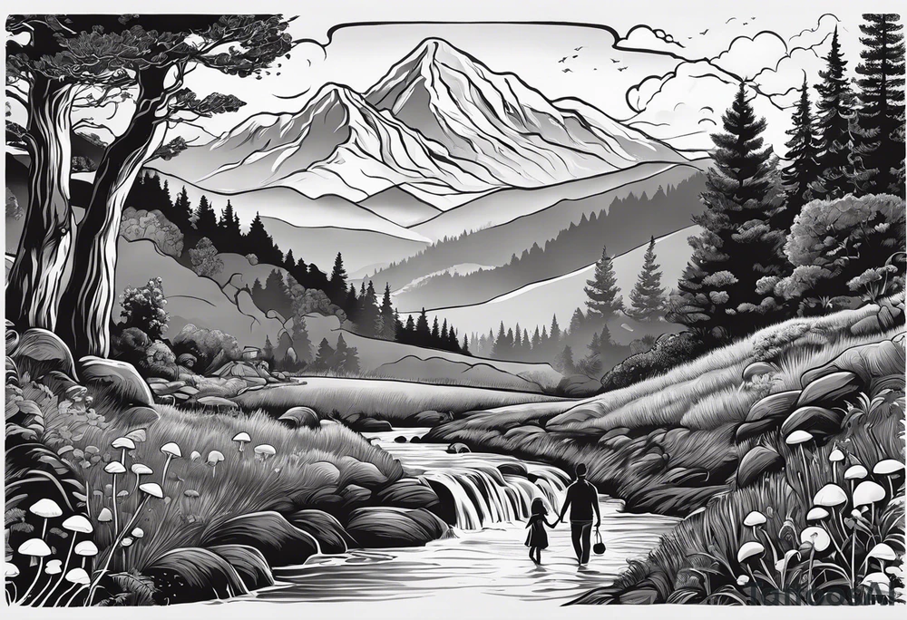 Family silhouette father, mother, son, older daughter, small daughter, foraging mushrooms with mountains and creek in background tattoo idea