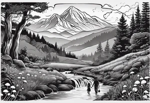Family silhouette father, mother, son, older daughter, small daughter, foraging mushrooms with mountains and creek in background tattoo idea