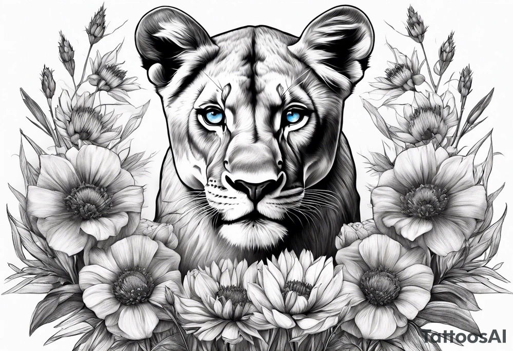 Lioness. 3 cubs. Blue eyes. Surrounded with cornflowers. tattoo idea