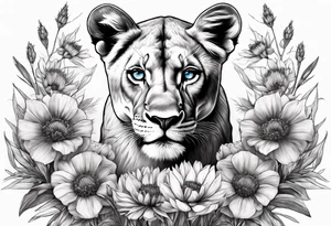 Lioness. 3 cubs. Blue eyes. Surrounded with cornflowers. tattoo idea