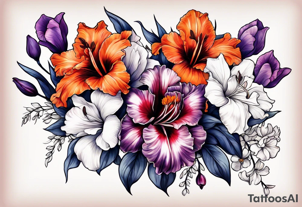 full sleeve of floral tattoo of purple gladiolus flower, pink peony, red hawthorn, orange marigold, navy blue sweet pea, and white paper white narcissus tattoo idea
