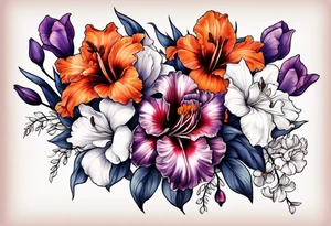 full sleeve of floral tattoo of purple gladiolus flower, pink peony, red hawthorn, orange marigold, navy blue sweet pea, and white paper white narcissus tattoo idea