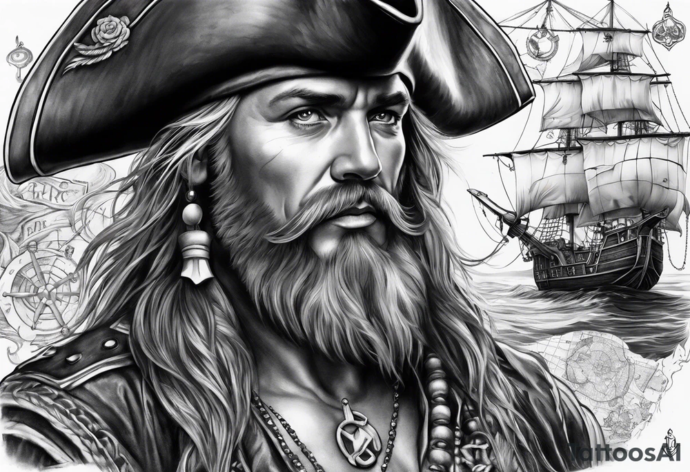 Chest tattoo that is about pirates ,captain ,treasure map tattoo idea