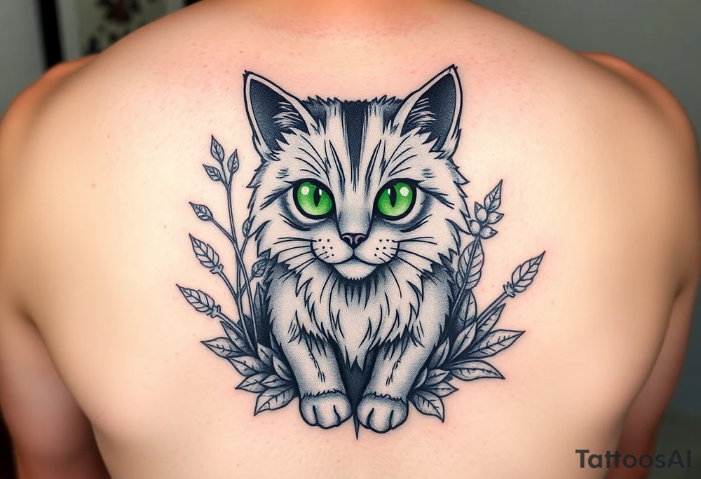6x6 cartoon style tattoo for back of thigh of along haired grey cat with green eyes surrounded by house plants tattoo idea