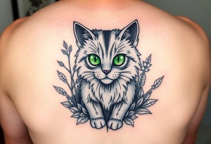 6x6 cartoon style tattoo for back of thigh of along haired grey cat with green eyes surrounded by house plants tattoo idea