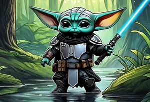 Baby Grogu wearing black mandalorian armor,  with a black lightsaber in a swamp tattoo idea