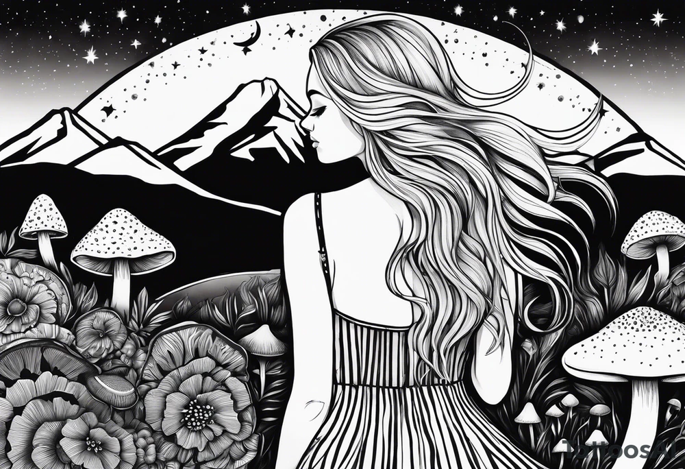 Straight blonde hair girl facing away toward mountains surrounded by mushrooms crescent moon mandala circular design black and white striped dress "8" in hair tattoo idea