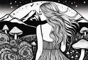 Straight blonde hair girl facing away toward mountains surrounded by mushrooms crescent moon mandala circular design black and white striped dress "8" in hair tattoo idea