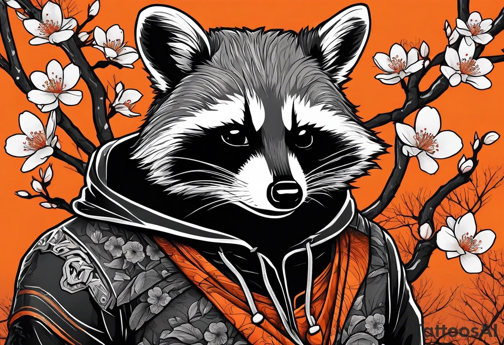 Raccoon wearing a white Superman logo on a black hoodie and orange Japanese cherry blossoms tattoo idea