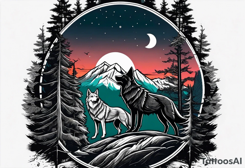 Half sleeve from shoulder
Peaks of mountains with a moon behind it
Dark woods below the mountains with a narrow trail with two wolves on bottom of the trails tattoo idea