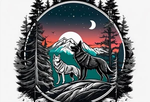 Half sleeve from shoulder
Peaks of mountains with a moon behind it
Dark woods below the mountains with a narrow trail with two wolves on bottom of the trails tattoo idea