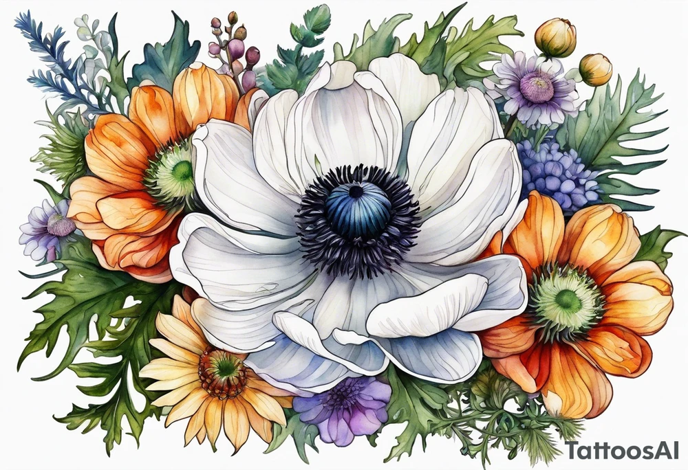white anemone with black center in the middle of wildflowers with thistles, ferns, ranuculus, sun flowers, mixed color flowers and different shapes all in watercolor tattoo idea