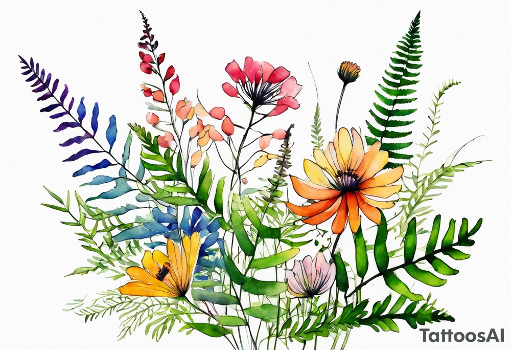 Multi colored wild flowers long stems bouquet with ferns all watercolor tattoo idea