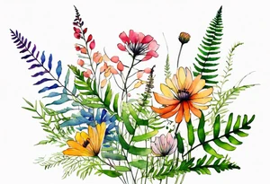 Multi colored wild flowers long stems bouquet with ferns all watercolor tattoo idea