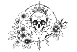 Mandala dream catcher with detailed beautiful gothic boho flowers on vine and skull with gorgeous crown tattoo idea