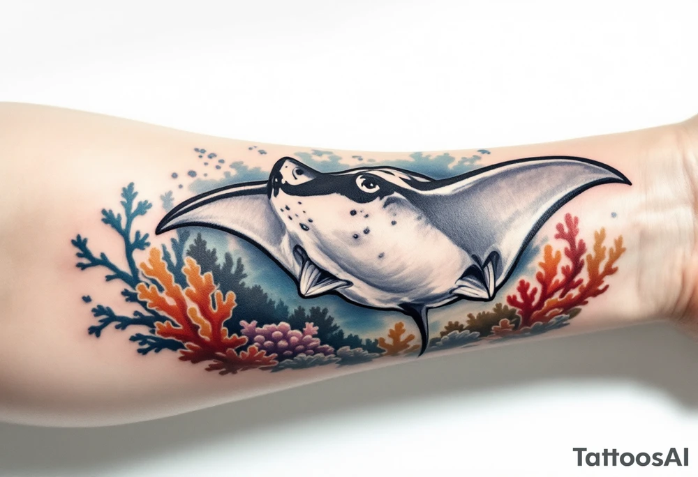 Manta ray swimming, coral reef bellow for forearm tattoo idea