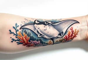 Manta ray swimming, coral reef bellow for forearm tattoo idea