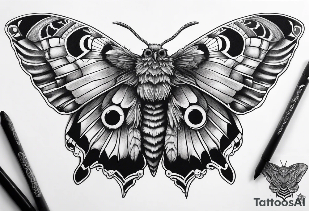 Dead head moth with long wings and owl eyes tattoo idea