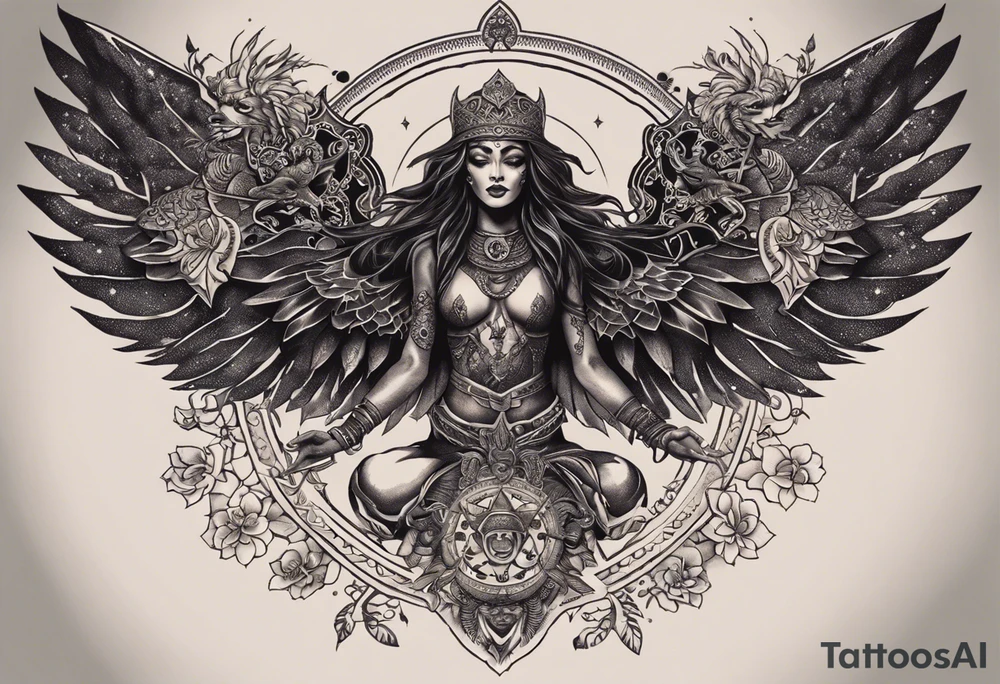 black kali, goddess pirate, alien, angel, pachamama, valkrye, warrior, flying, skull, lotus azul, wing, eagle, zenza resonance, stars, 5D, anahata chakra, death, durga, riding on a tiger, flying lady, kundalini, chest tatoo tattoo idea