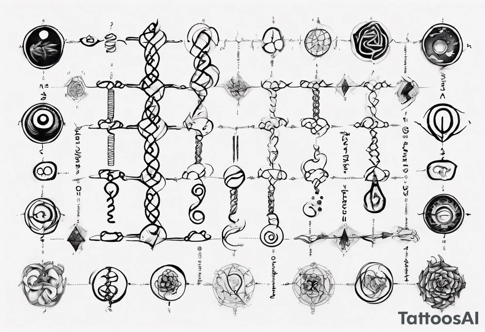 Create a tattoo sketch that visually represents my life journey and the evolution of mindfulness. Consider life as a DNA chain, where each link symbolizes key moments of my development and consciousness. Allow the images to change and transform, reflecting the evolution of my perception and self-understanding over time tattoo idea