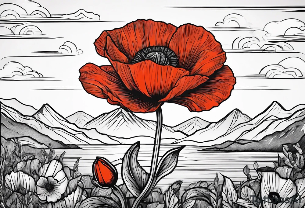 one poppy flower with an anchor and mountains behind it tattoo idea