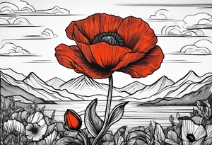 one poppy flower with an anchor and mountains behind it tattoo idea