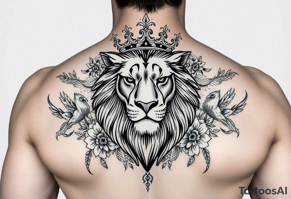 powerful majestic lion with a crown, surrounded by floral ornaments and birds tattoo idea