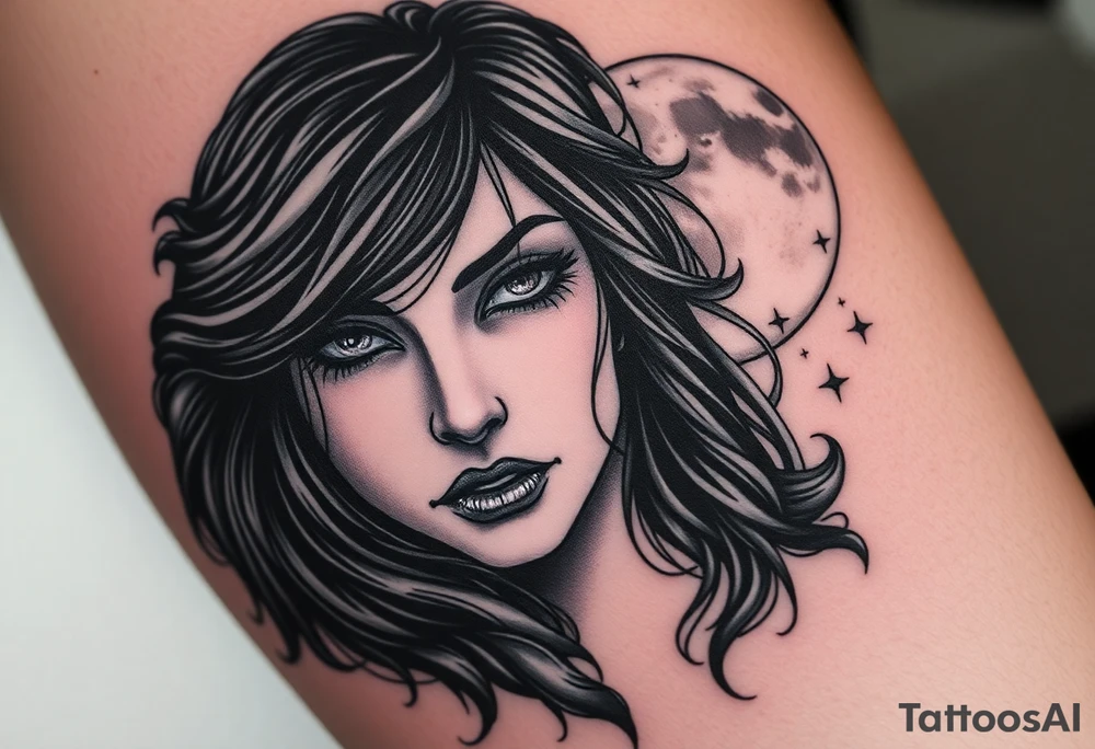 Mystical / detailed realism gothic style
Placement: thigh
 Full moon, raven-haired woman with glowing brown eyes
 Fog and stars (if that’s what you meant?)
Witchy Woman” song lyrics incorporated based off the song  tattoo tattoo idea