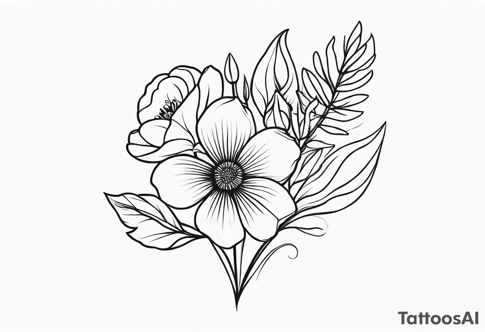 “Illustrate a small, elegant tattoo of a flower bouquet with clean lines and minimal shading, perfect for a feminine touch.” tattoo idea