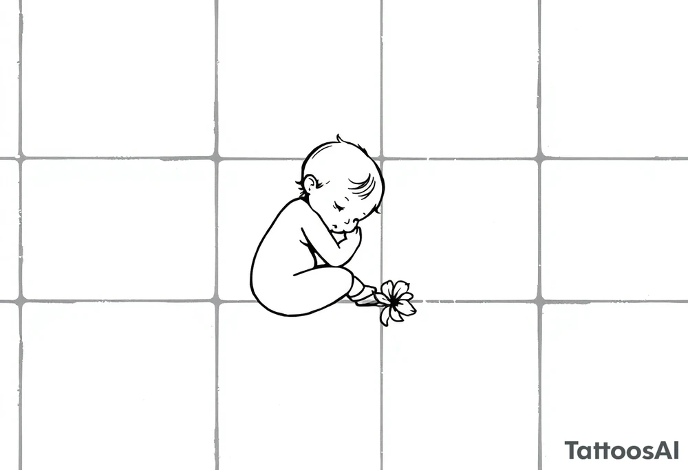 A simple tile floor with a minimalist outline of a curled up child sitting on the floor with a lily next to her tattoo idea