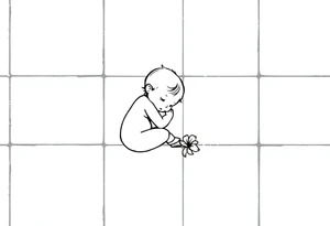 A simple tile floor with a minimalist outline of a curled up child sitting on the floor with a lily next to her tattoo idea