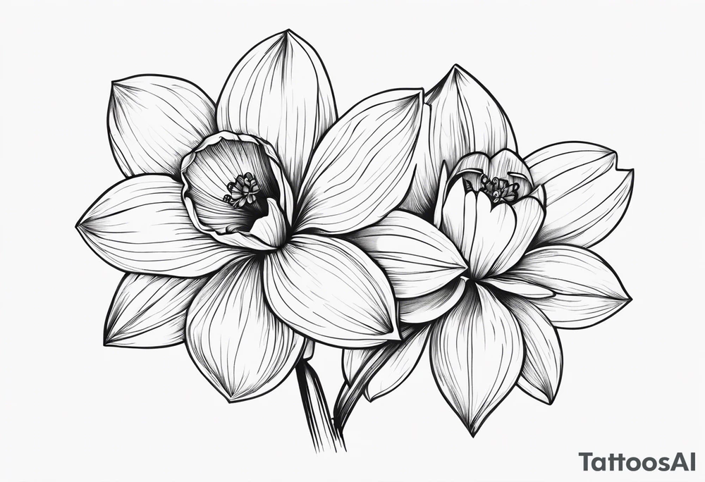 Black line work, delicate, narcissus flower with stem, cursive uppercase I, finger tattoo tattoo idea