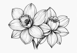 Black line work, delicate, narcissus flower with stem, cursive uppercase I, finger tattoo tattoo idea