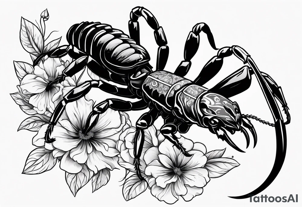 futuristic scorpion animation with flowers bloody tattoo idea