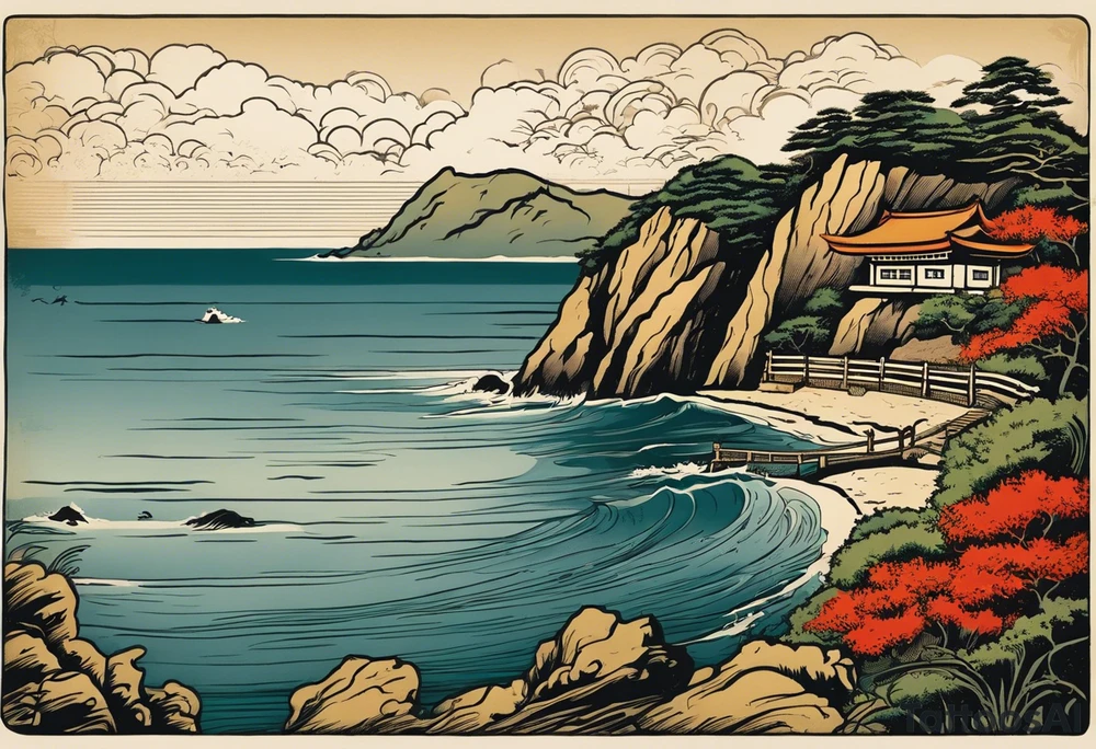 a vintage postcard showing a seaside with cliff on a November day tattoo idea