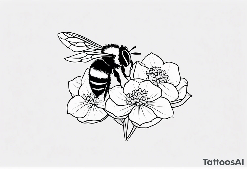 Small tattoo. There’s a hydrangea and a bee but they are not touching. Make the bee smaller than the hydrangea and have the bee off to the side. Bee is smaller than the hydrangea tattoo idea