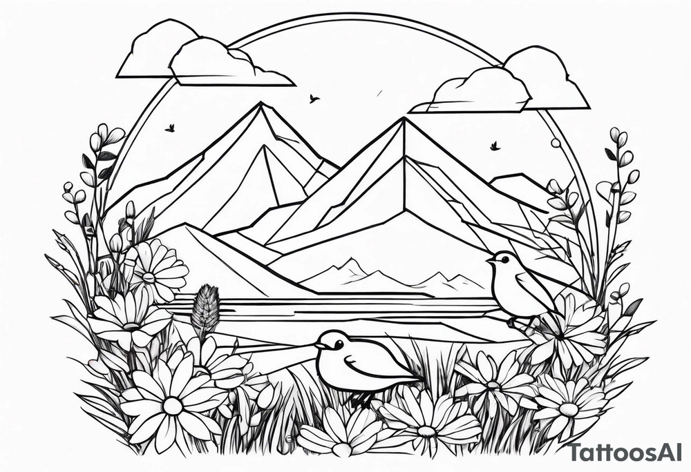 Geometric small bird outline sitting in grass and daisys with mountains in view tattoo idea