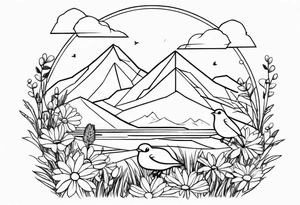 Geometric small bird outline sitting in grass and daisys with mountains in view tattoo idea