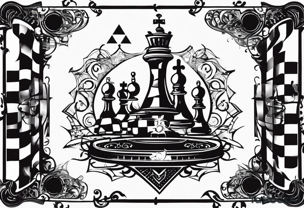 A black-and-white tattoo design representing the idea that life is a game. Incorporate elements like a chessboard or playing cards to symbolize strategy and chance, with pieces or cards scattered to suggest unpredictability. Add a subtle hourglass or clock to represent time running out, blending into the game theme. Use surreal, abstract shapes or geometric patterns to suggest a maze-like journey or a complex path. The overall tone should be slightly playful but with a hint of philosophical depth, using shading and contrast to give it a dramatic, bold look tattoo idea