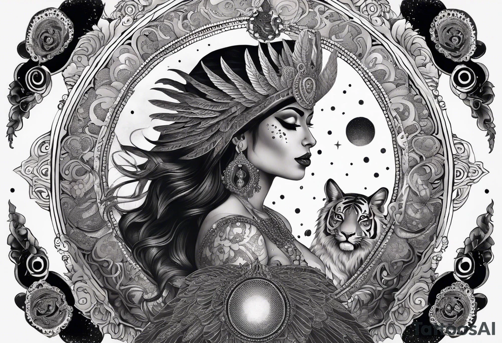 black kali, goddess pirate, alien, angel, pachamama, valkrye, warrior, flying, skull, lotus azul, wing, eagle, zenza resonance, stars, 5D, anahata chakra, death, durga, riding on a tiger, flying lady, kundalini, chest tatoo, samuri, rebel, serpent tattoo idea