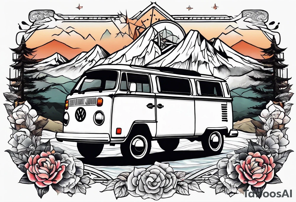 directional Compass rose, mountains and VW Komi campervan tattoo idea