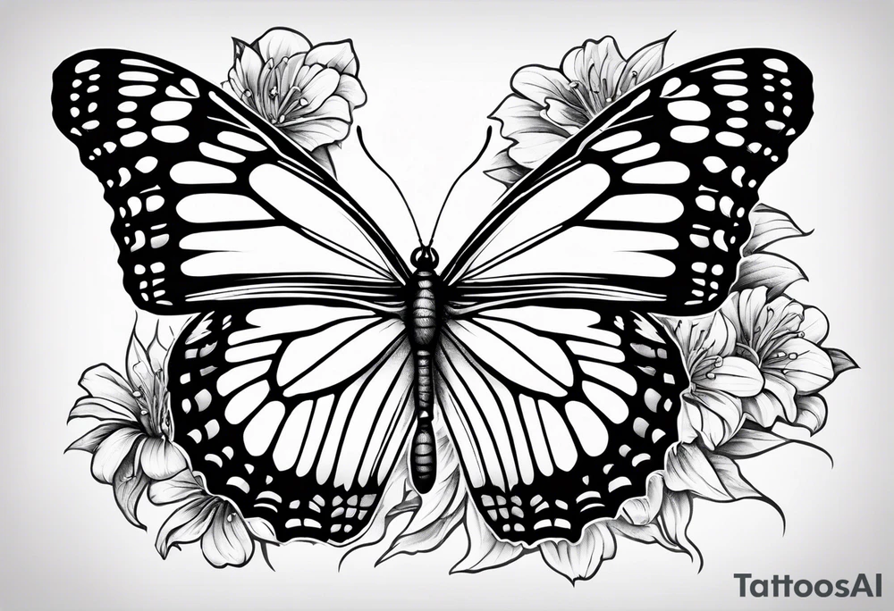 Butterfly with aster and morning glory flowers in place of 2 wings tattoo idea