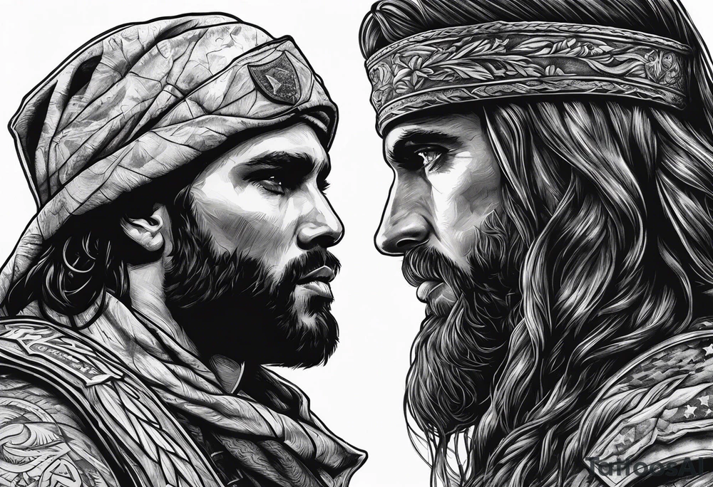 A solider face to face with death with Jesus over the soldier’s shoulder tattoo idea