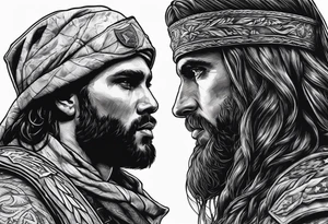 A solider face to face with death with Jesus over the soldier’s shoulder tattoo idea