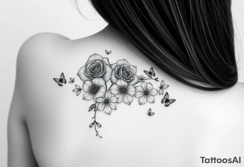 In a vertical line water lily, rose, violet and narcissus. Surrounded by small delicate butterflies tattoo idea