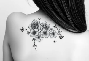 In a vertical line water lily, rose, violet and narcissus. Surrounded by small delicate butterflies tattoo idea