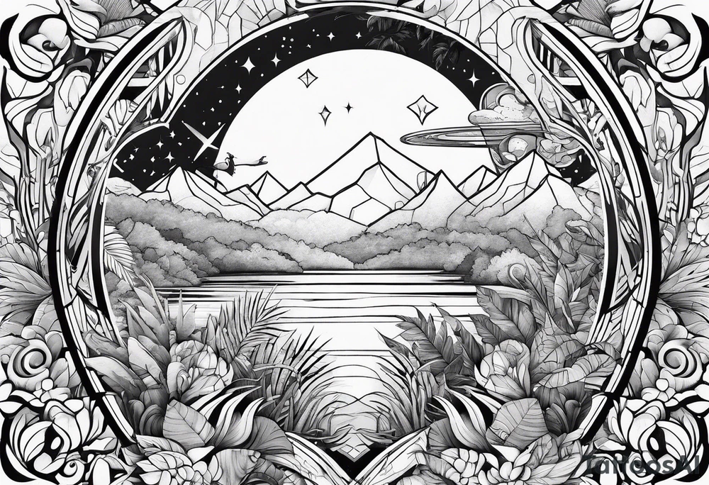 abstract line of jungle and space tattoo idea