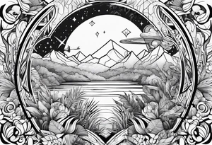 abstract line of jungle and space tattoo idea