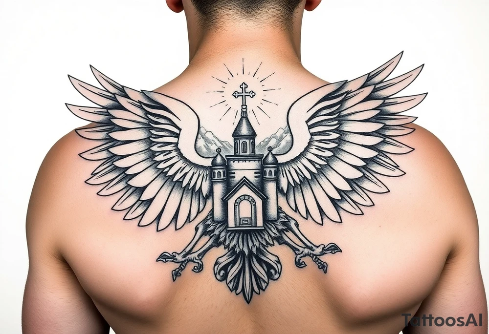 an actual russian coat of arms with the eagles wings spanning out on my back neck across my shoulders / traps with a orthodox christian church being visible in a mountainous sun beaming setting, with the russian orthodox cross spire of the orthodox church being visible on my neck with a sun beaming in the background that the cross sits inside tattoo idea