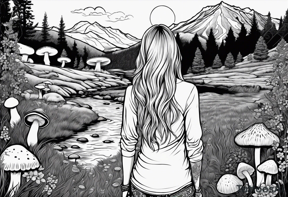 Whole picture encircled fully

Straight long blonde hair hippie girl in distance holding mushrooms in hand facing away toward mountains and creek surrounded by mushrooms long sleeve shirt and hiking pants; whole rendering within a full circle, no cut off circle tattoo idea